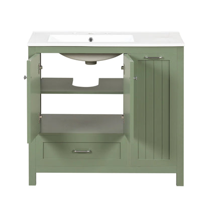 36 inch bathroom vanity with sink, one double door cabinet one large drawer and one flip drawer solid wood and MDF board, green by eprolo