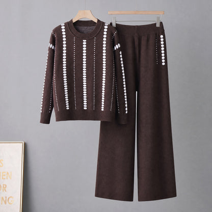Suéter de cuello redondo con bolsillo y pantalón ancho informal para mujer