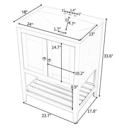 24" White Modern Sleek Bathroom Vanity Elegant Ceramic Sink with Solid Wood Frame Open Style Shelf by eprolo