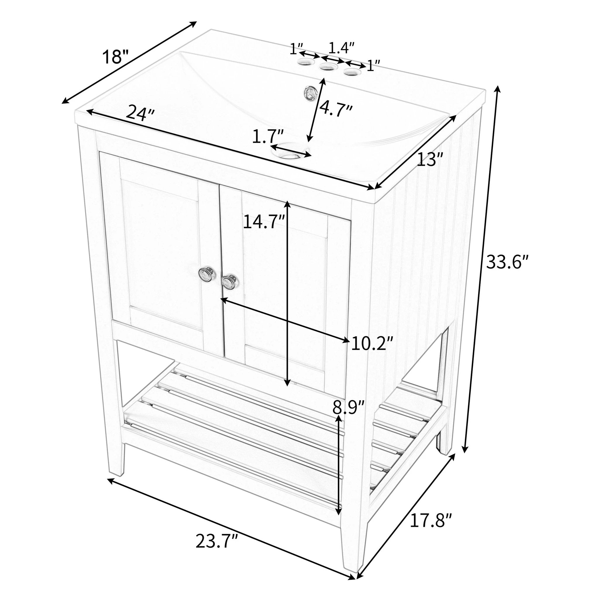 24" White Modern Sleek Bathroom Vanity Elegant Ceramic Sink by eprolo