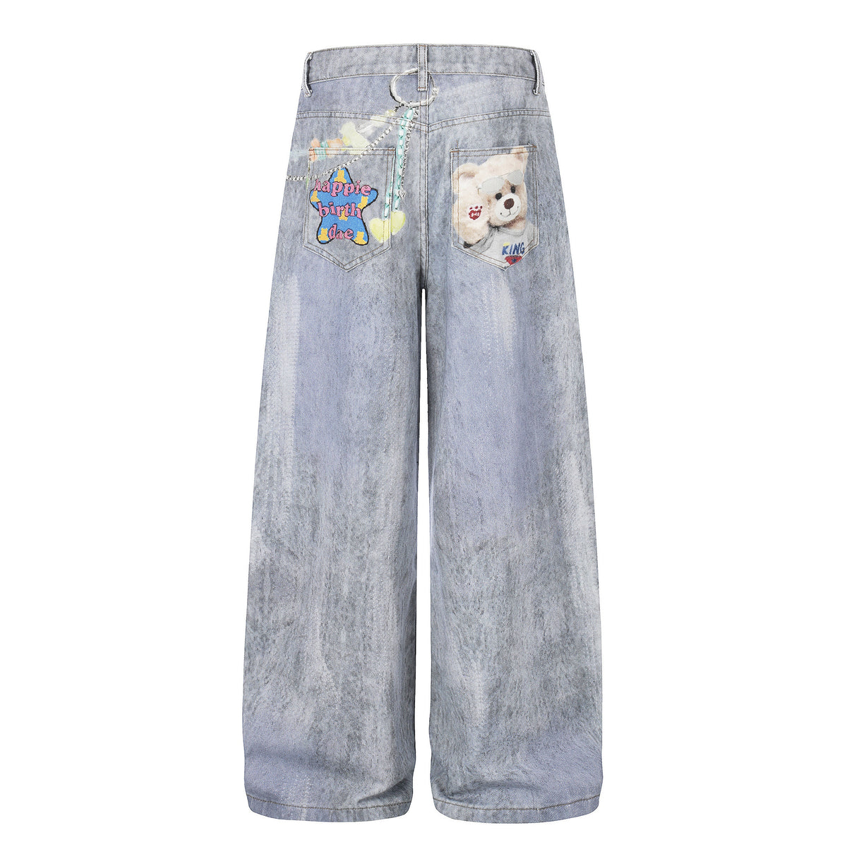 Pantalones vaqueros unisex con estampado de oso, holgados, de pierna ancha, lavados, desgastados, estilo urbano, de pierna recta, largos