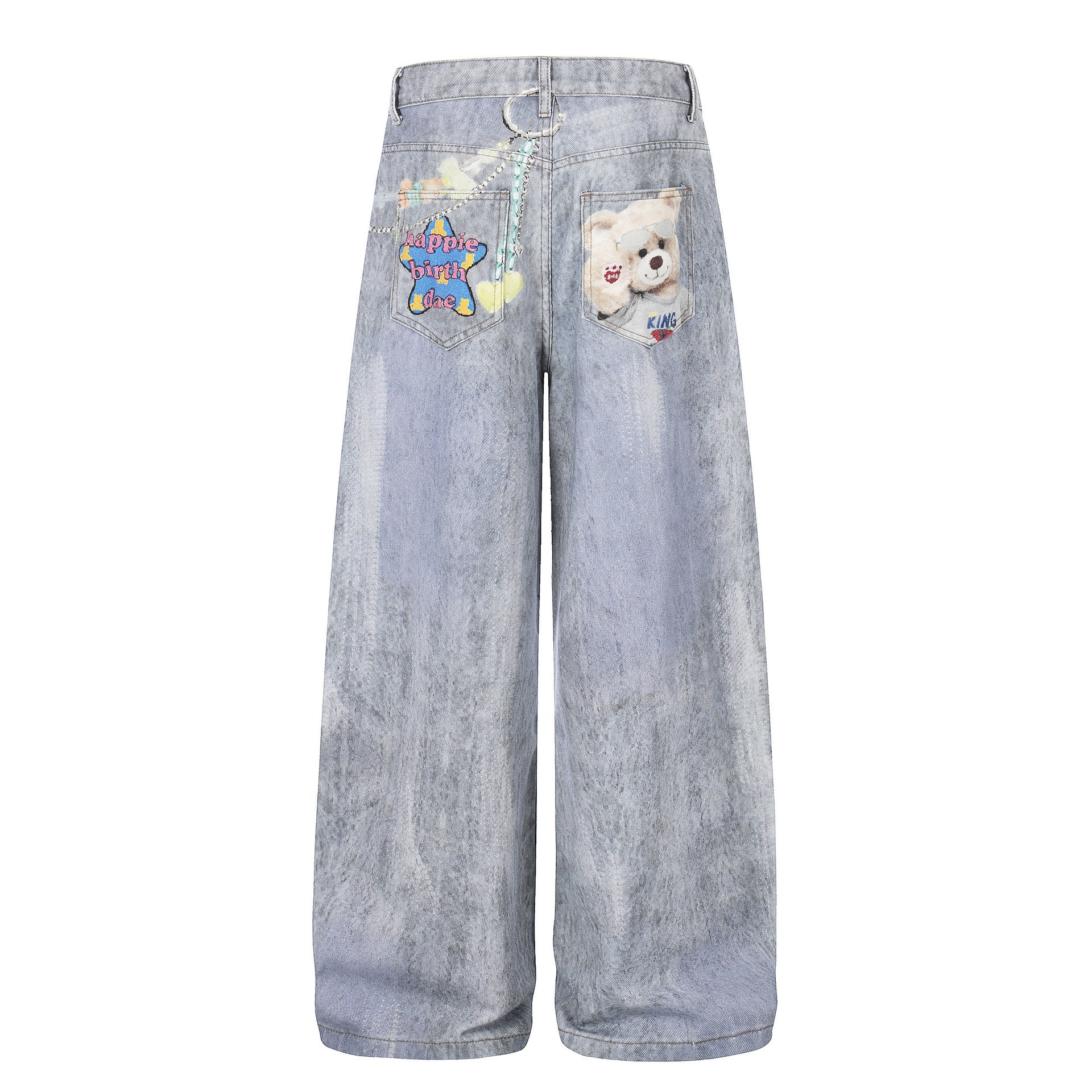 Pantalon en Jean Imprimé Ours Unisexe Coupe Ample Large Lavé Vieilli Streetwear Jambe Droite Long