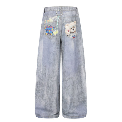 Pantalones vaqueros unisex con estampado de oso, holgados, de pierna ancha, lavados, desgastados, estilo urbano, de pierna recta, largos