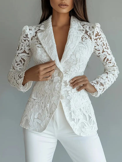 Blazer Transparent Col V en Dentelle Élégant Décontracté et Tendance pour Femme