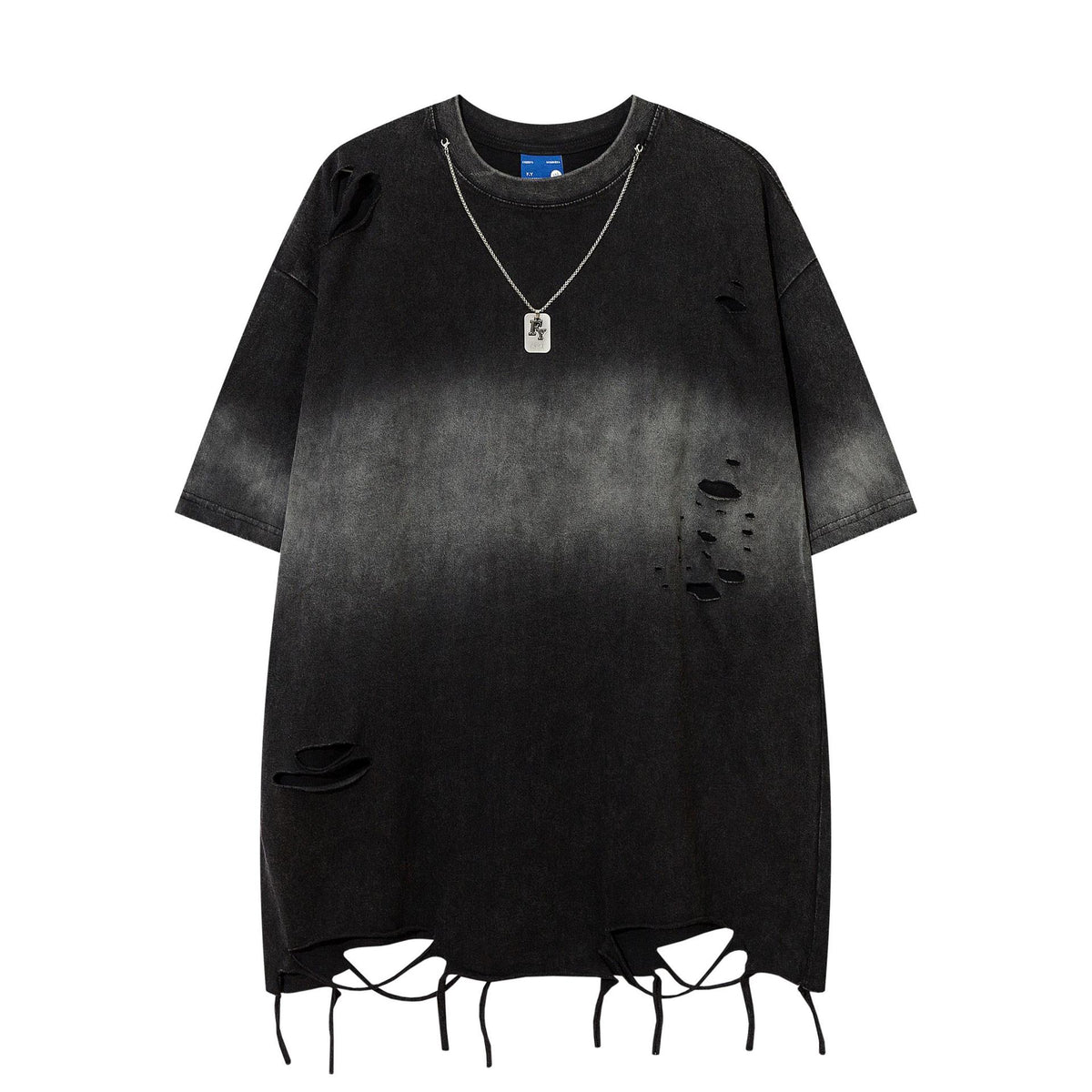 Tie dye gradient washed short sleeved shirt with holes