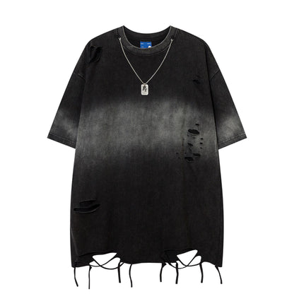 Tie dye gradient washed short sleeved shirt with holes