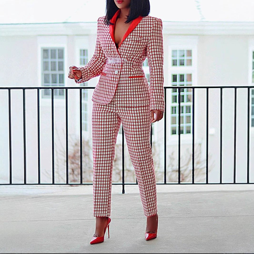 Chic Women's Plaid Office Suit Set Long Sleeve Blazer + Pants Two-Piece Set by eprolo