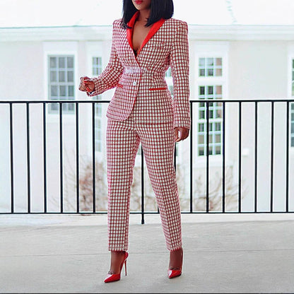 Chic Women's Plaid Office Suit Set Long Sleeve Blazer + Pants Two-Piece Set by eprolo
