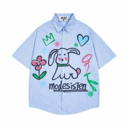 Dog graffiti striped short sleeved shirt