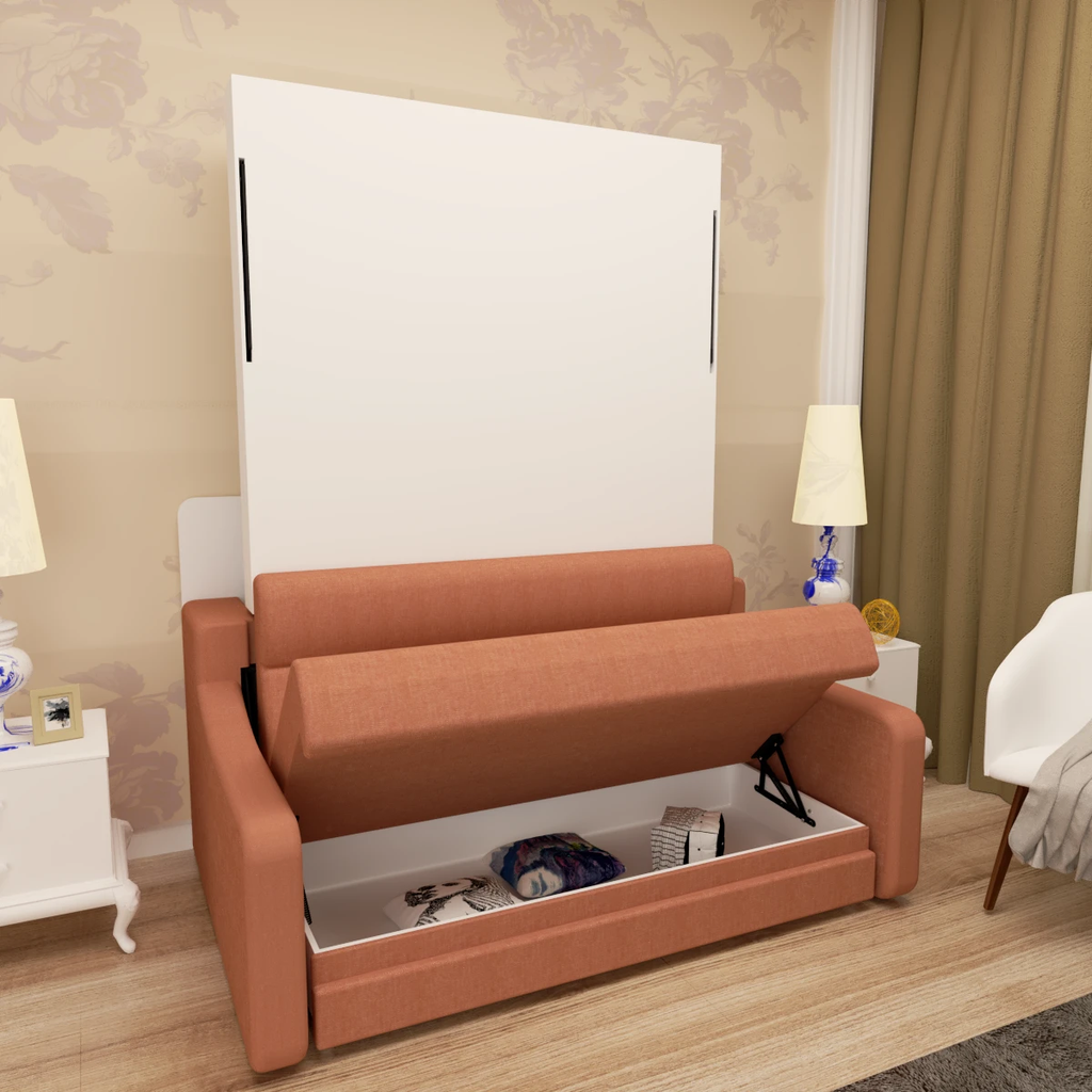 Full size Morden Deisgn vertical Murphy bed with sofa and drawers, white wall bed, space saving hidden bed with new gas pillars by eprolo