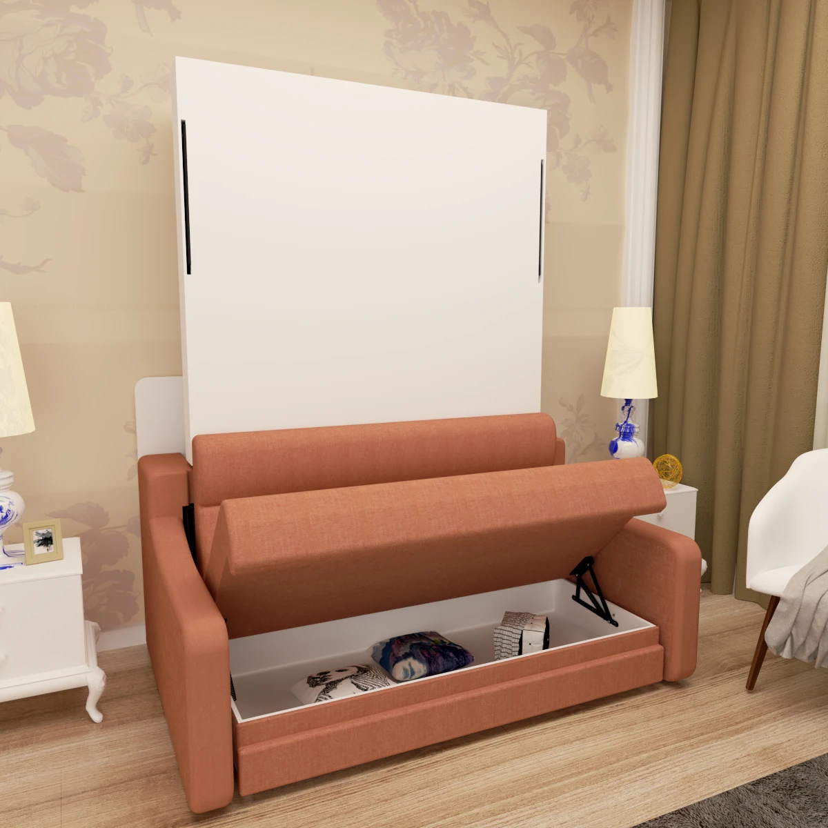 Full size Morden Deisgn vertical Murphy bed with sofa and drawers, white wall bed, space saving hidden bed with new gas pillars by eprolo