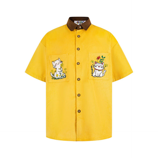 Embroidered corduroy color blocked short sleeved shirt