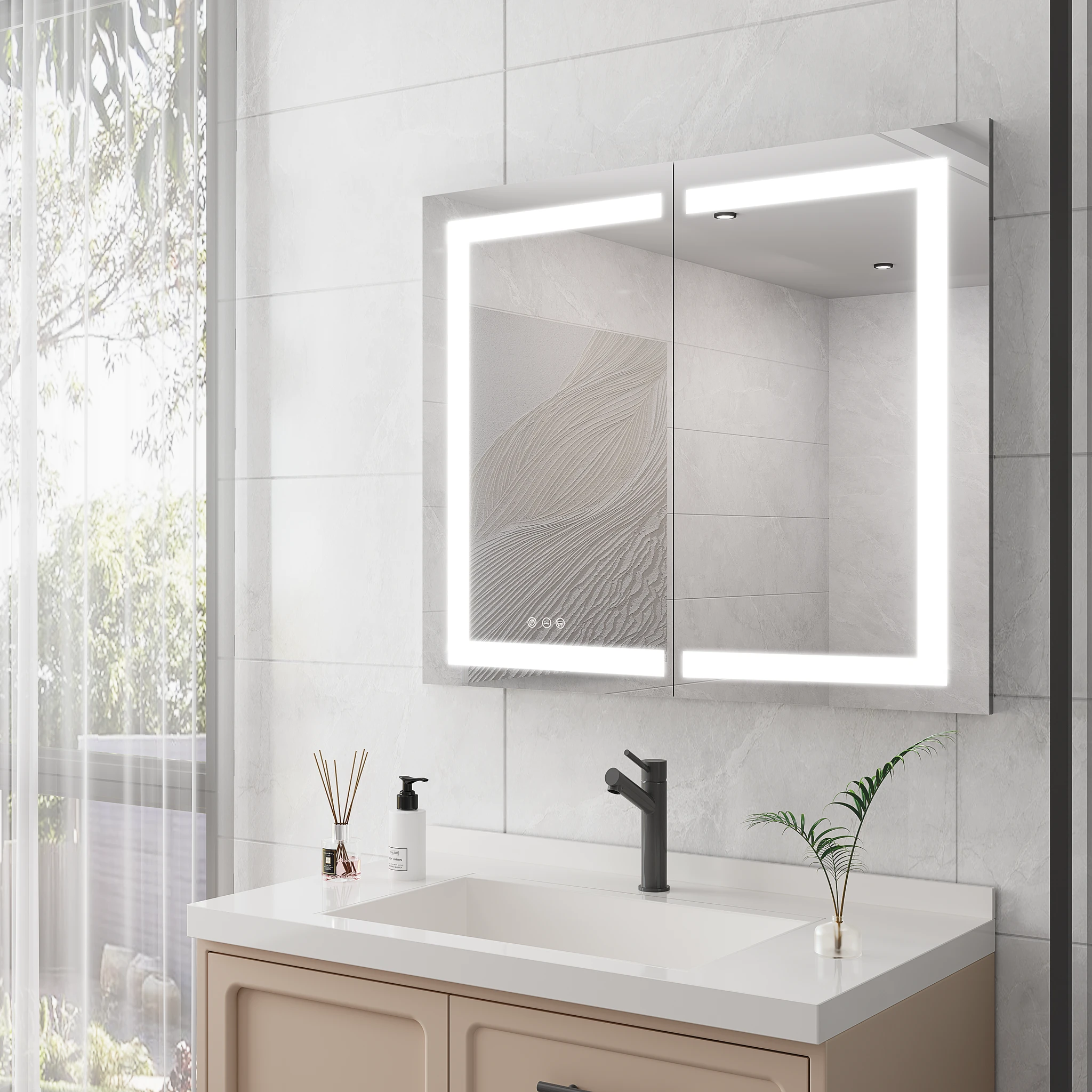 36 x 30 inch Medicine Cabinet with LED Vanity Mirror Anti-Fog Recessed or Surface Mount Waterproof DimmableAluminum 3000K~6000K Lighted Double Door Bathroom Cabinet with Touch Switch by eprolo