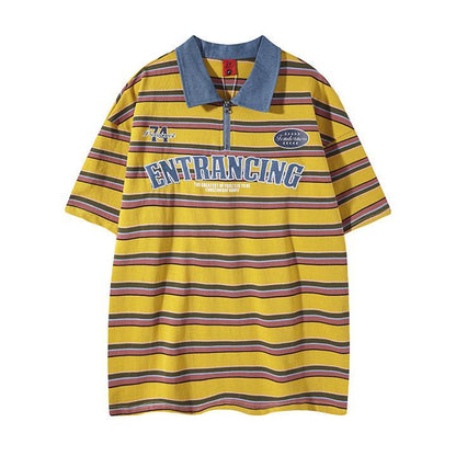 Cowboy patchwork Polo collar striped short sleeved shirt