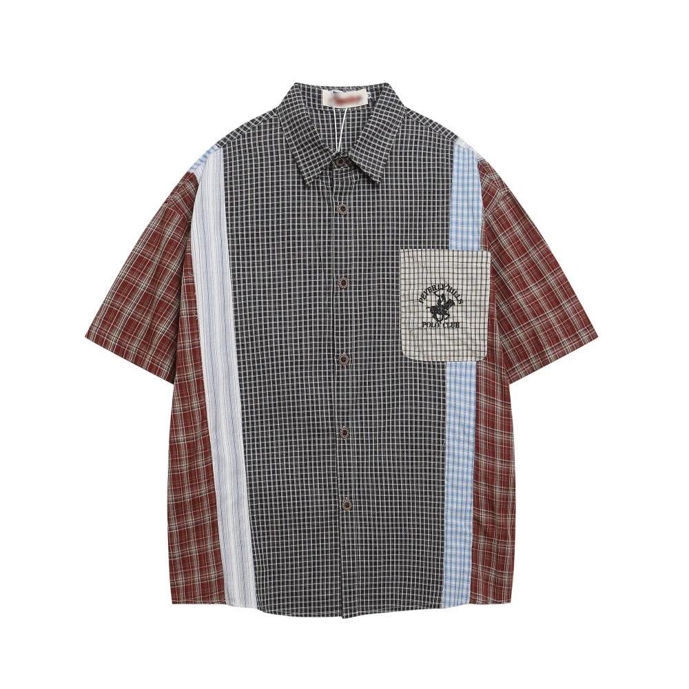Color blocking checkered irregular splicing short sleeved shirt by eprolo