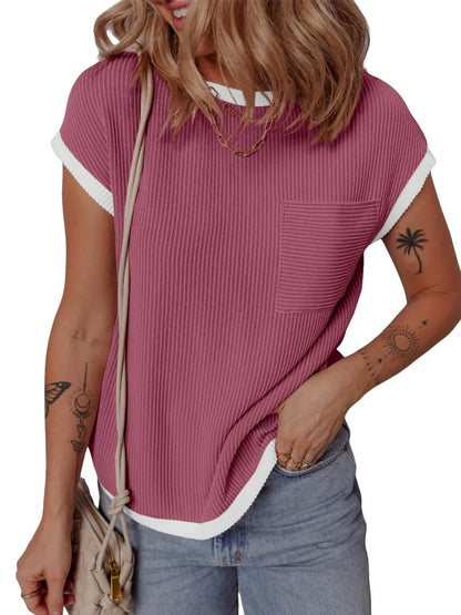 Women's short sleeved T-shirt basic ribbed knit T-shirt