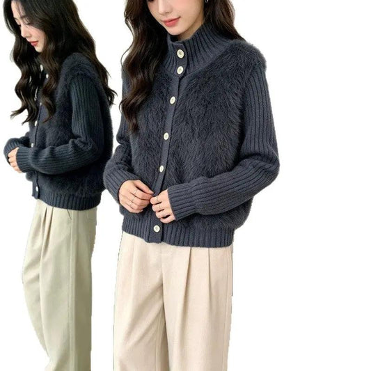 Cardigan sweater by eprolo with stand-up collar; two dark gray knits with faux-fur front panels
