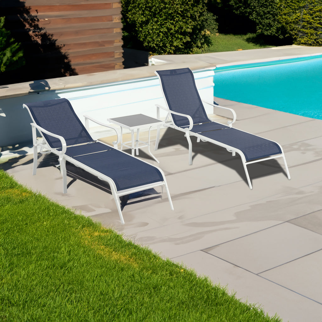 Ensemble de 3 chaises longues de terrasse, chaise longue d'extérieur avec 5 dossiers réglables, cadre en acier robuste, blanc bleu
