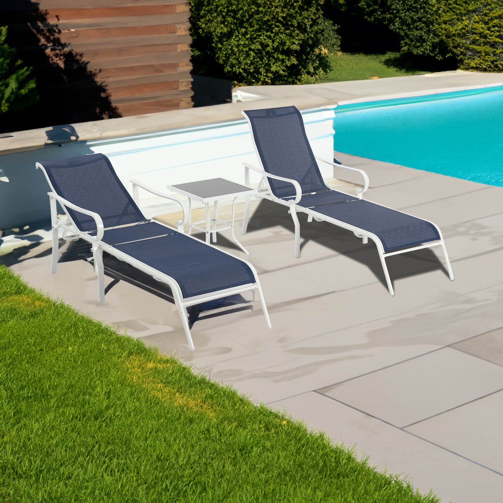 Ensemble de 3 chaises longues de terrasse, chaise longue d'extérieur avec 5 dossiers réglables, cadre en acier robuste, blanc bleu