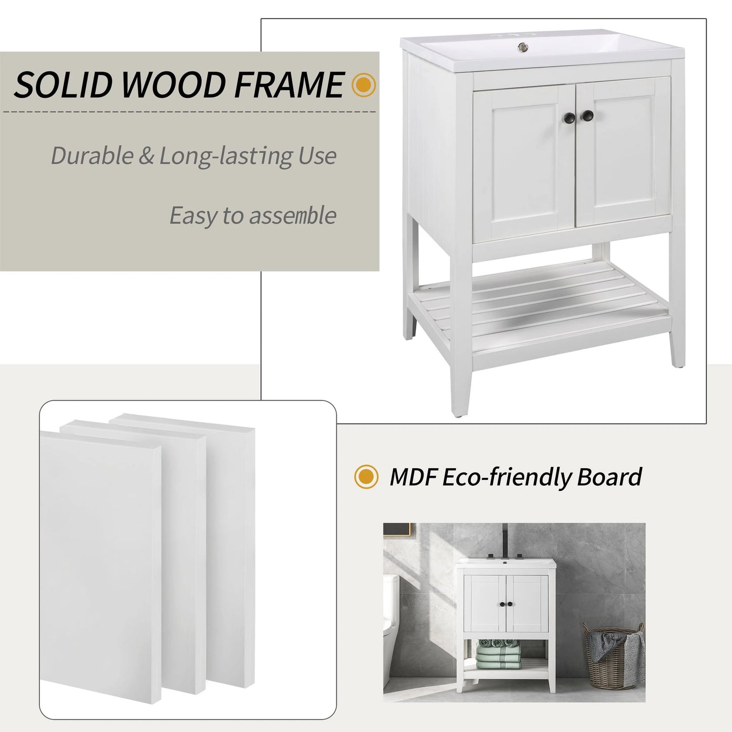 24" White Modern Sleek Bathroom Vanity Elegant Ceramic Sink with Solid Wood Frame Open Style Shelf by eprolo