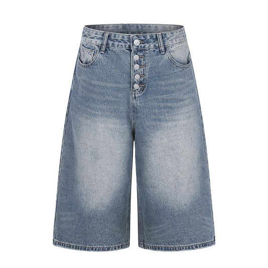 Single row button denim shorts