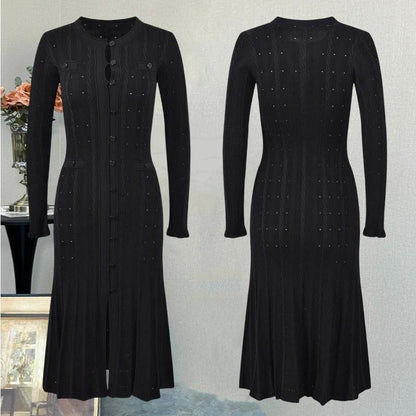 Chic Long Sleeve Knit Dress with Side Split, Waist-Cinching Slim Fit, Floor-Length Skirt by eprolo