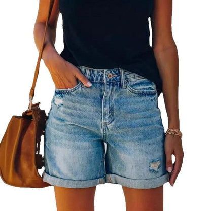 Fashion Street Style Rolled Hem Distressed Straight Leg Women's Denim Shorts by eprolo