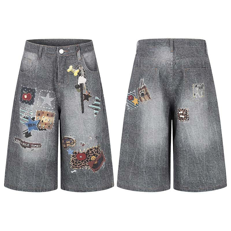 Shorts en jean délavé à motif imprimé