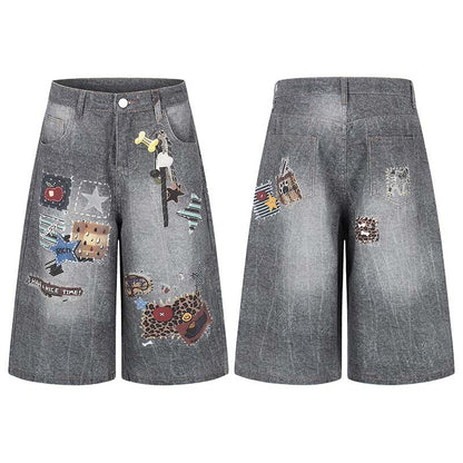 Shorts en jean délavé à motif imprimé