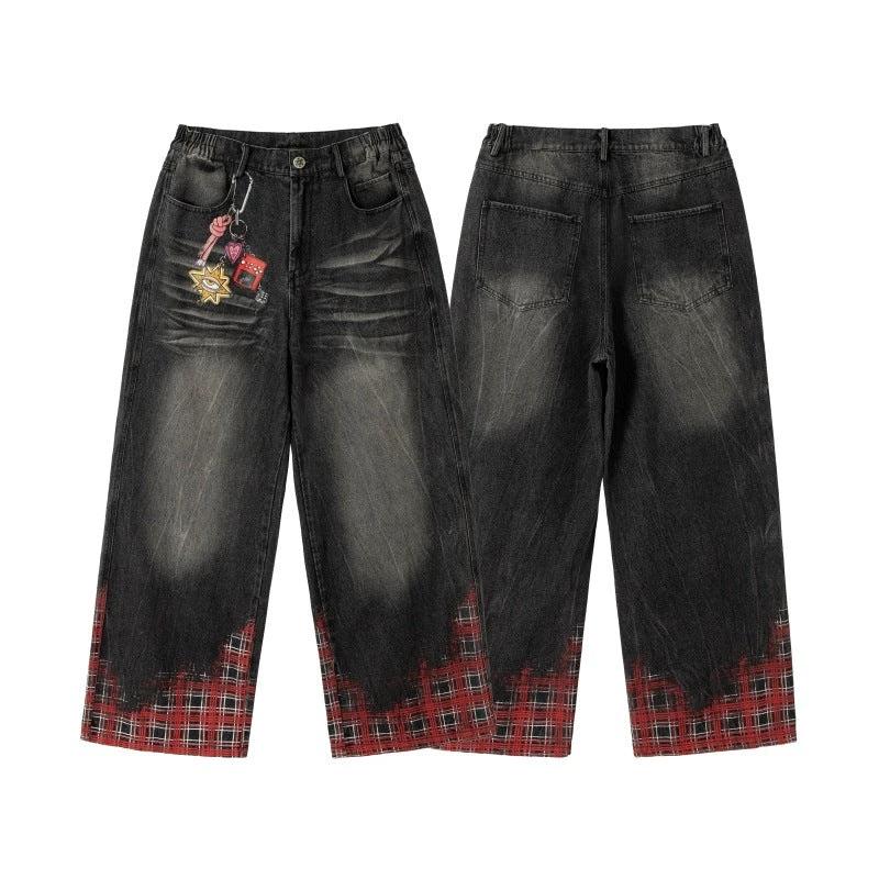 Hanging chain plaid printed loose washed wide leg denim pants by eprolo
