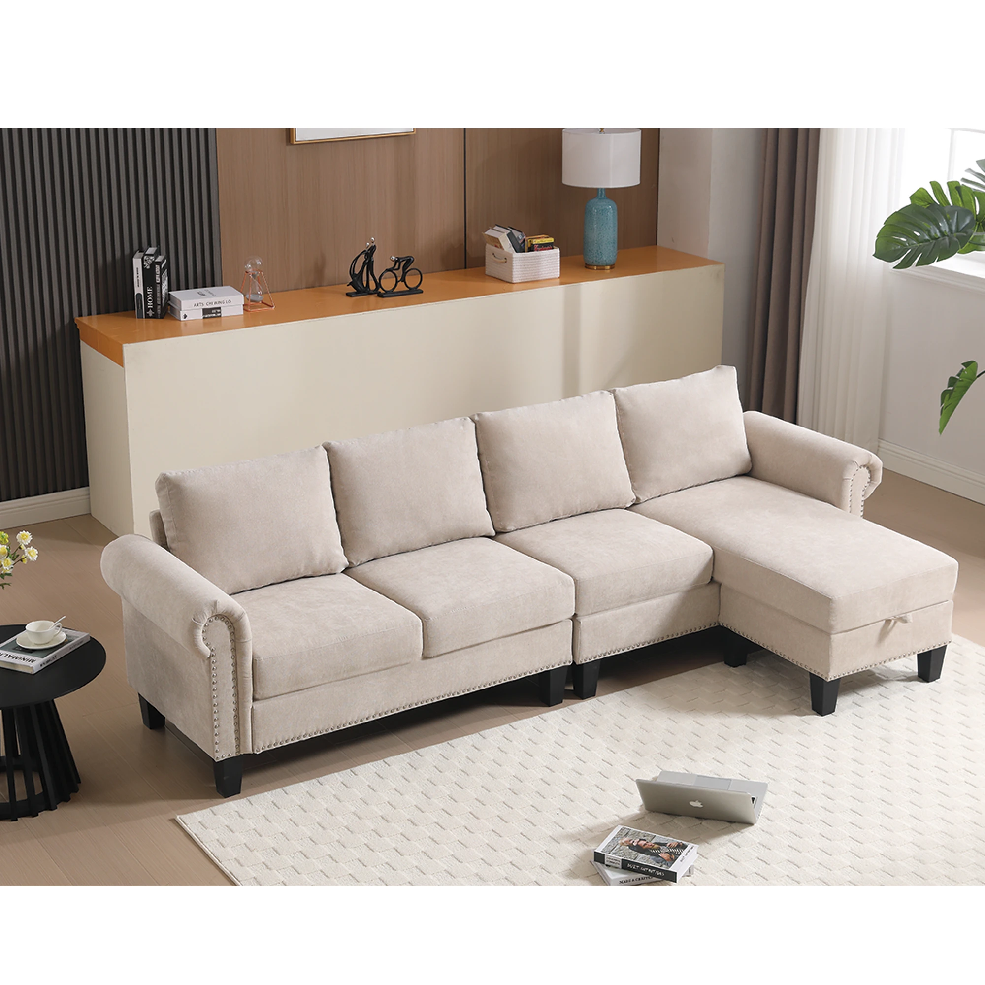Convertible Sectional Sofa with Storage,L-shaped sofa,Four-seater sofa,Modern Linen Fabric Sectional Couches Beige by eprolo
