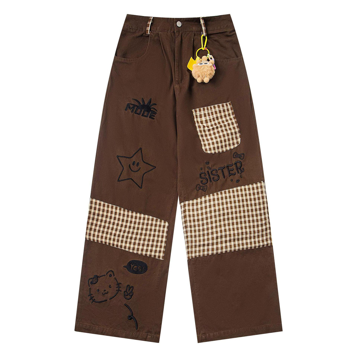 Cartoon embroidered checkered patchwork jeans