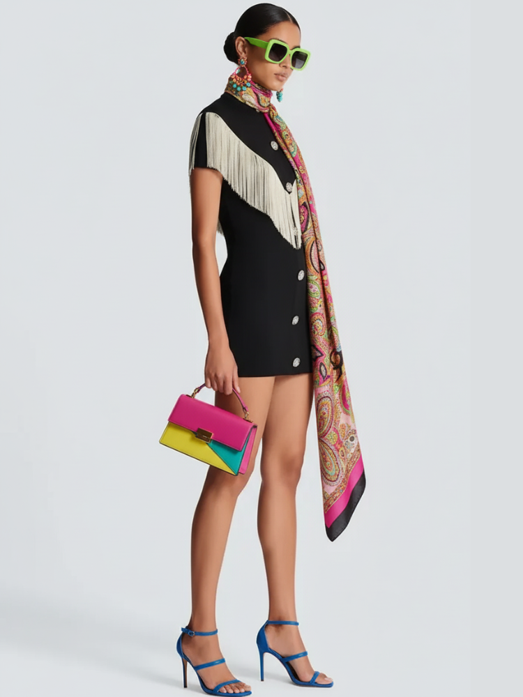 Black Mini Bodycon Dress with Button Tassel For Women, Meatpacking District, BYMANYC New York.-1