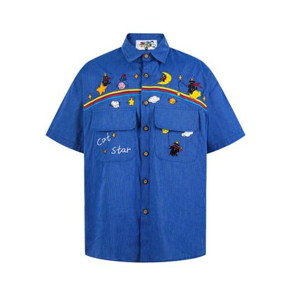 Rainbow cat embroidered short sleeved shirt
