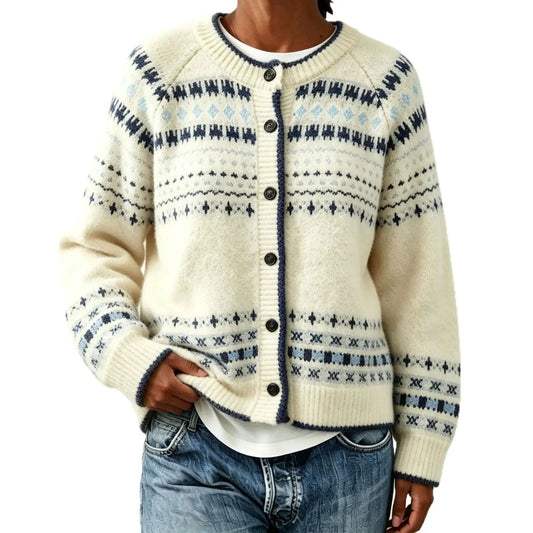 Color blocking round neck sweater by eprolo; cream knit with navy pattern and button-front cardigan.