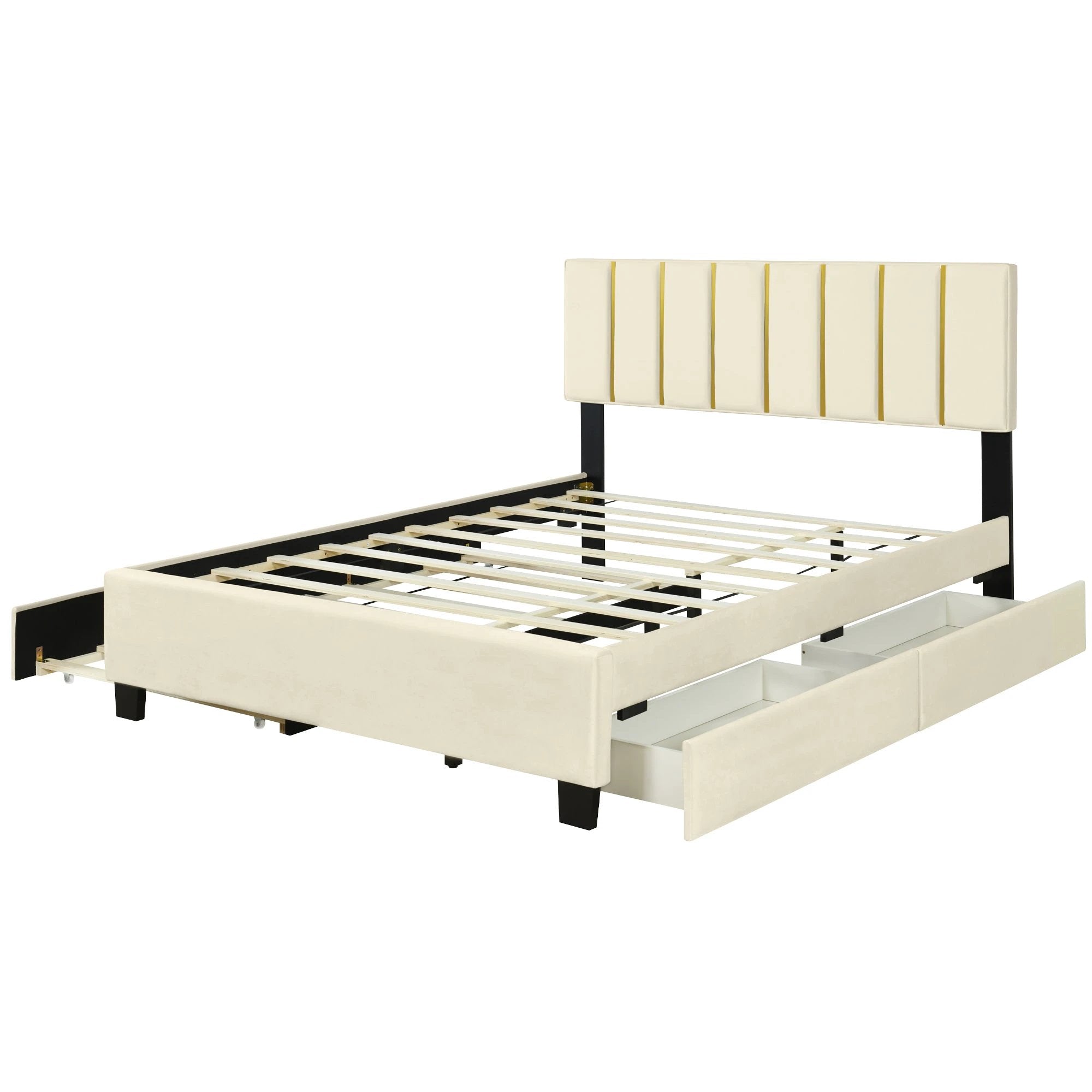Queen Size Upholstered Platform Bed with 2 Drawers and 1 Trundle, Classic Metal Strip Headboard Design, Beige by eprolo