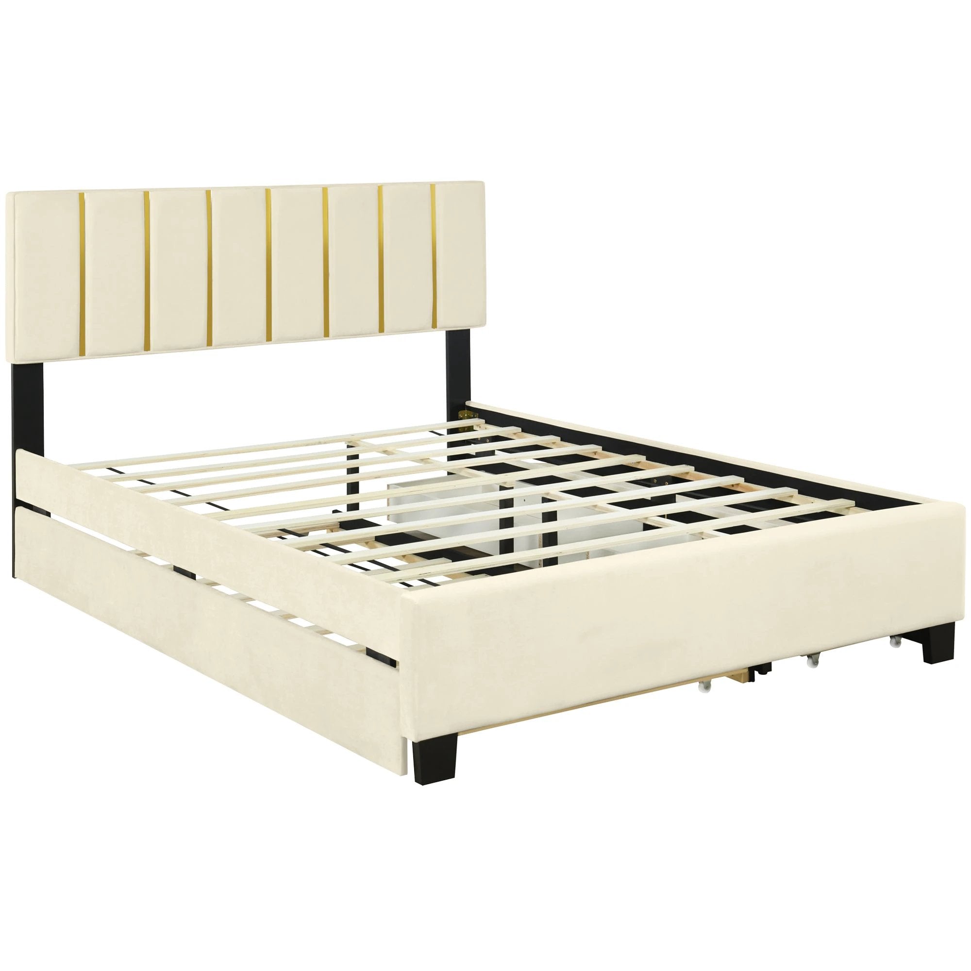 Queen Size Upholstered Platform Bed with 2 Drawers and 1 Trundle, Classic Metal Strip Headboard Design, Beige by eprolo
