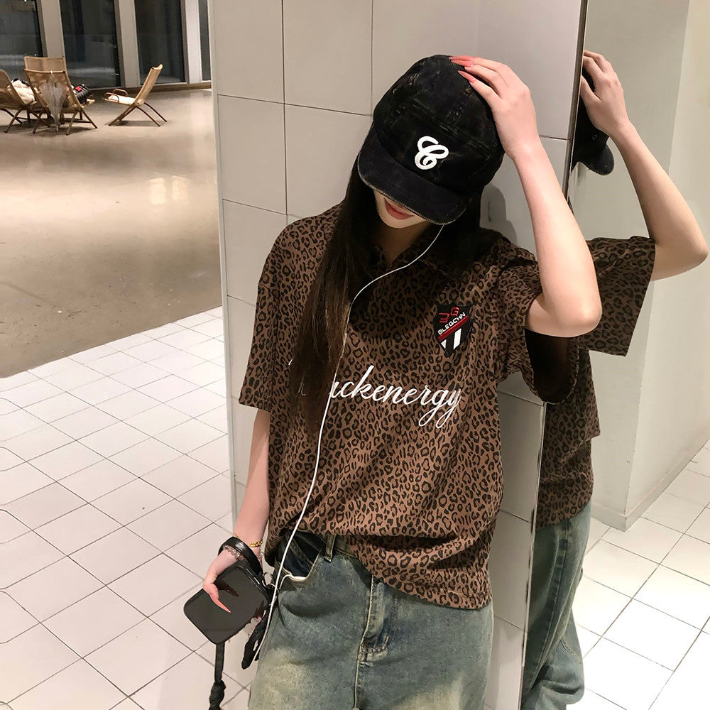 Leopard print short sleeved polo shirt