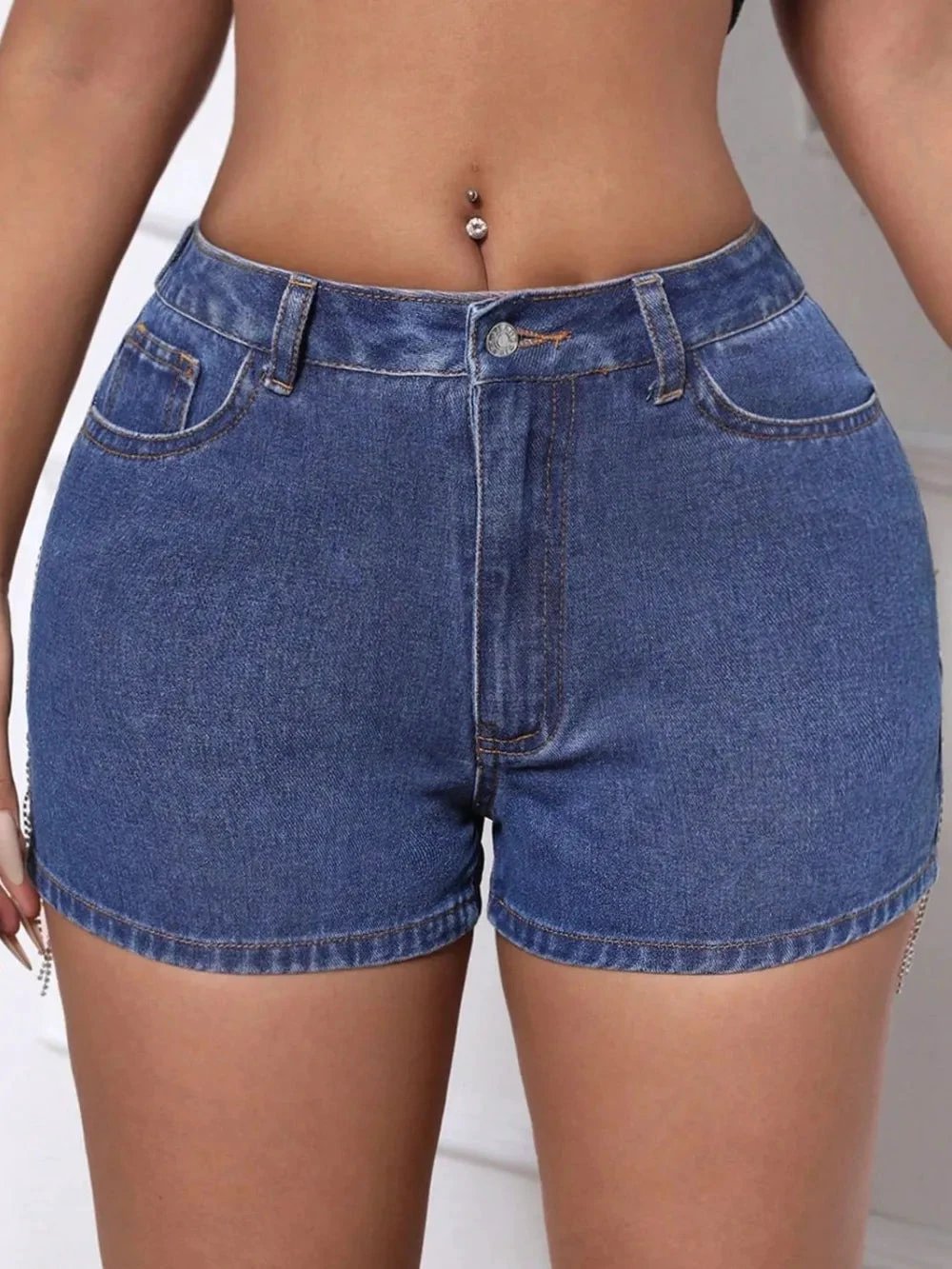 Fringe Back Denim Shorts with Pockets by eprolo