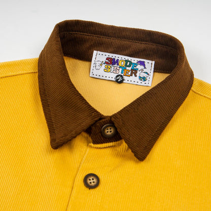 Embroidered corduroy color-blocked short-sleeve shirt, yellow body with brown corduroy collar, by eprolo