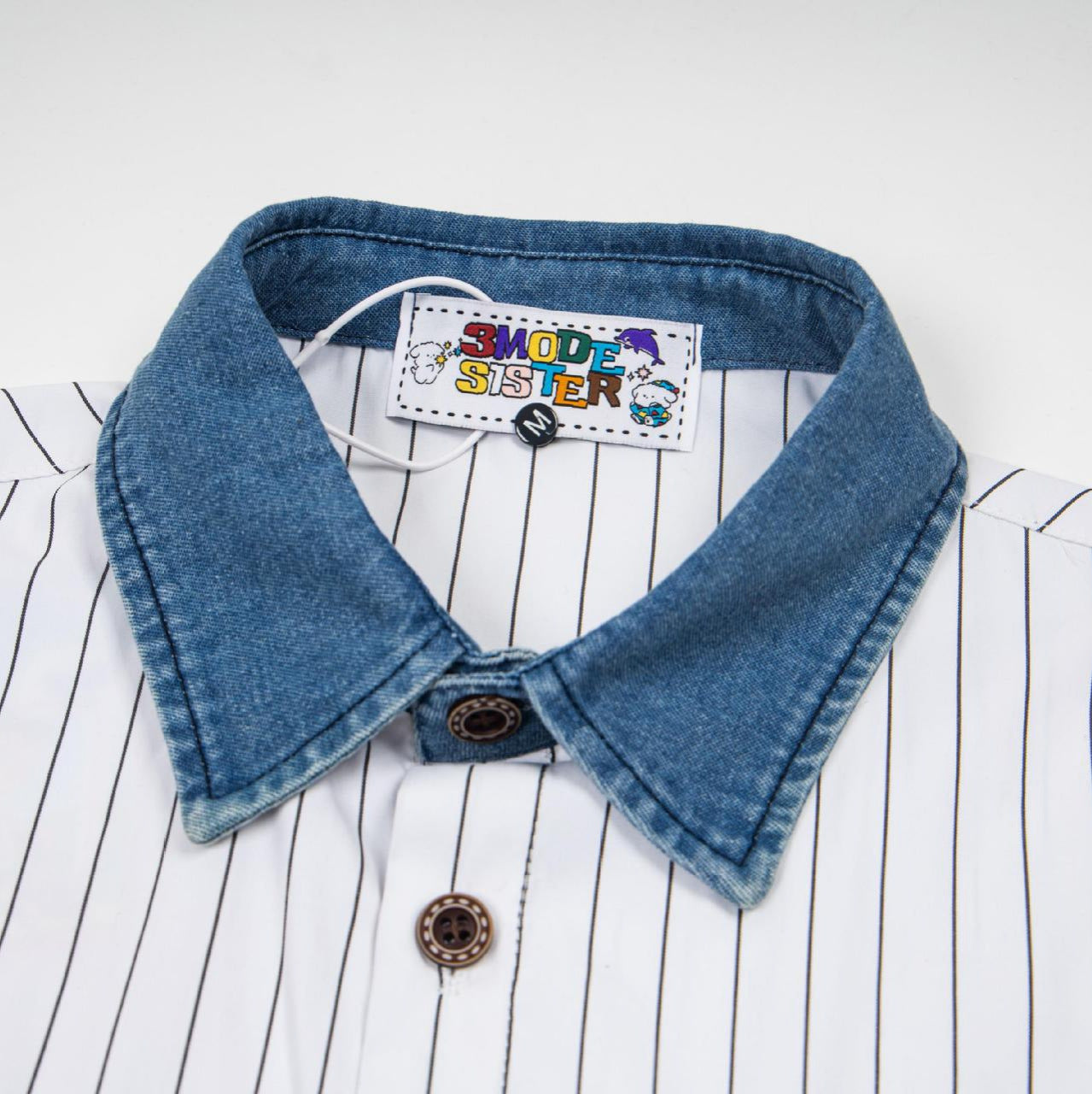 Cat embroidery vertical stripe short sleeved shirt