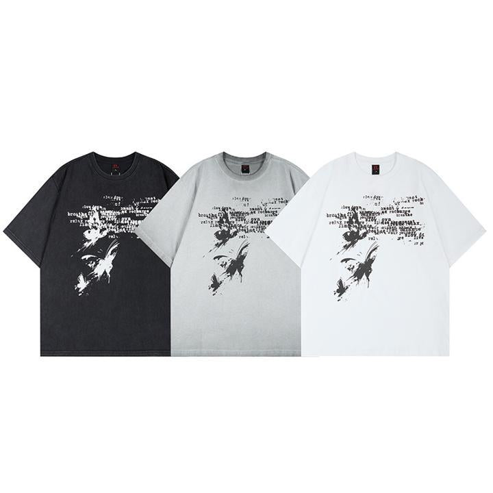 Washed butterfly printed short sleeved T-shirt