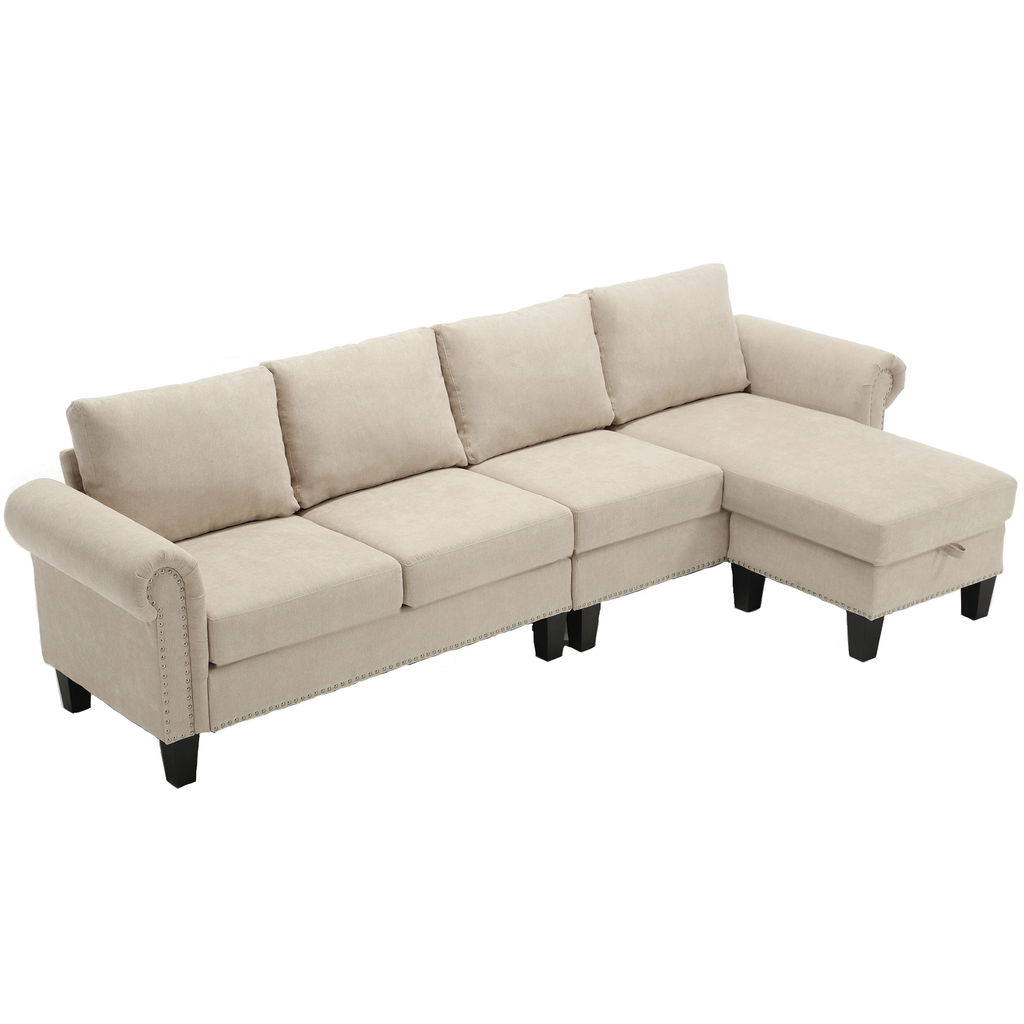 Convertible Sectional Sofa with Storage,L-shaped sofa,Four-seater sofa,Modern Linen Fabric Sectional Couches Beige by eprolo