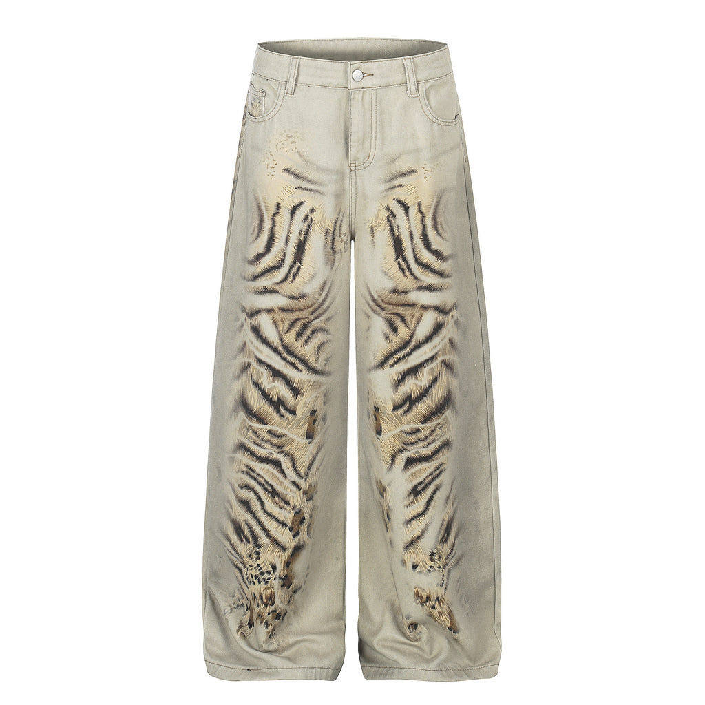 Print Distressed Denim Pants Unisex Loose Wide Leg High Street Trendy Straight Leg Floor-Length Trousers
