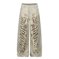 Print Distressed Denim Pants Unisex Loose Wide Leg High Street Trendy Straight Leg Floor-Length Trousers