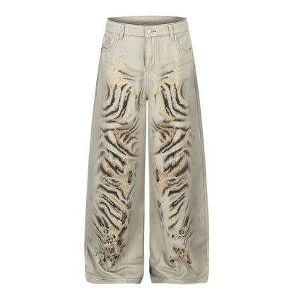 Pantalones Vaqueros Estampados Desgastados Unisex Holgados de Pierna Ancha de Estilo Urbano Moderno de Pierna Recta Hasta el Suelo