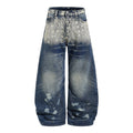 Color blocked white denim curved knife pants