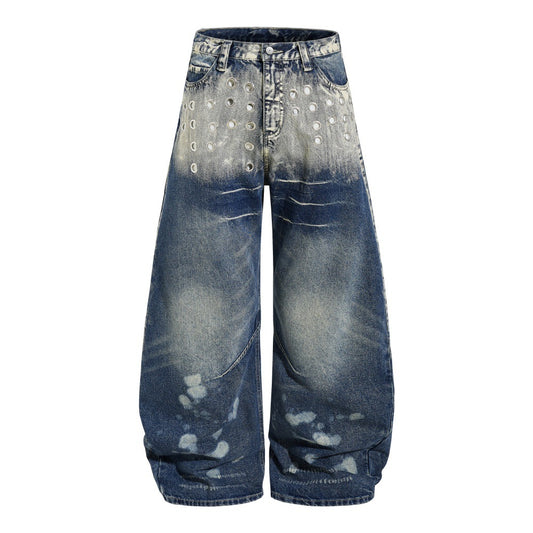 Color blocked white denim curved knife pants