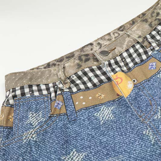 Star 3D digital printed washed denim cropped pants
