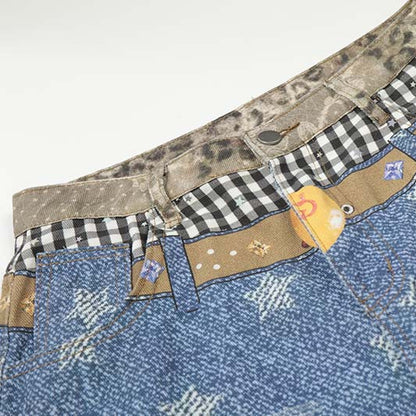 Star 3D digital printed washed denim cropped pants